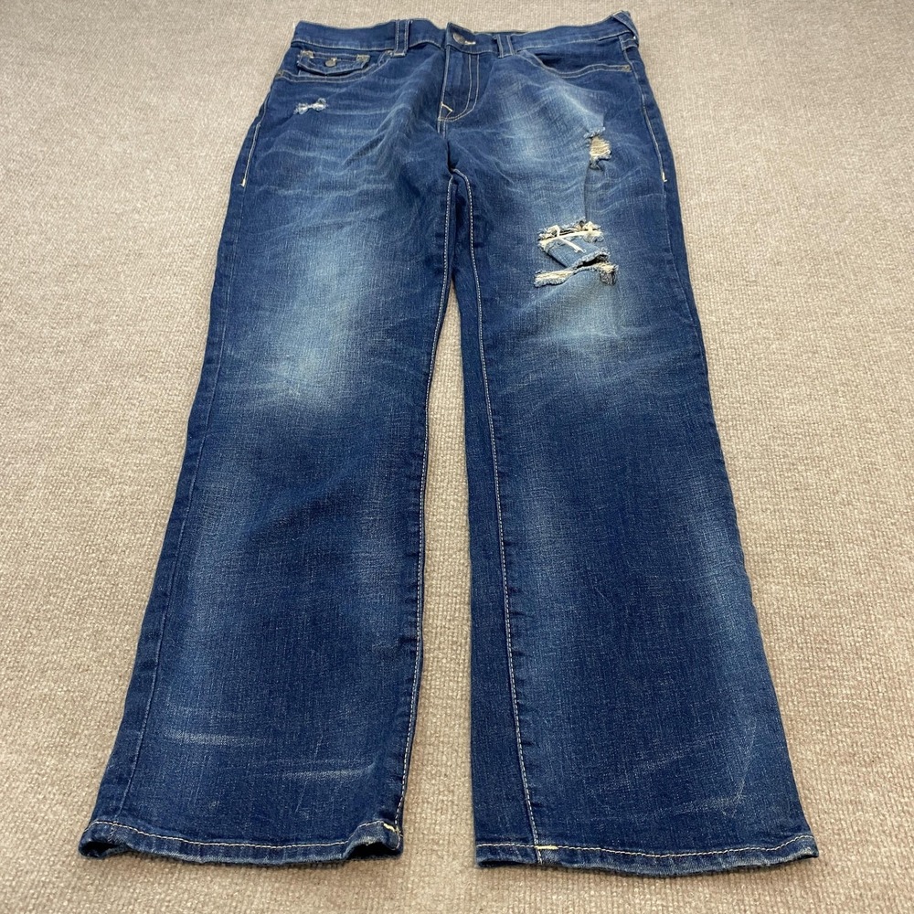 True Religion Ricky Relaxed Straight Jeans Mens 36x34 Med Wash Distressed Denim